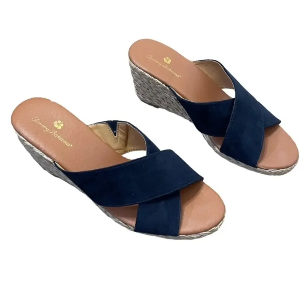 Tommy Bahama Stacey Wedge Slide Sandals Navy Blue Size 9M Espadrille Comfort